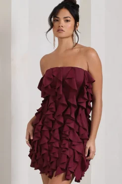 It Girl | Plum Bandeau Bodycon Mini Dress With Ruffles