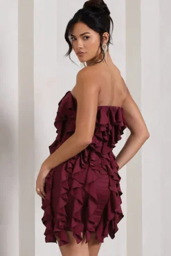 It Girl | Plum Bandeau Bodycon Mini Dress With Ruffles