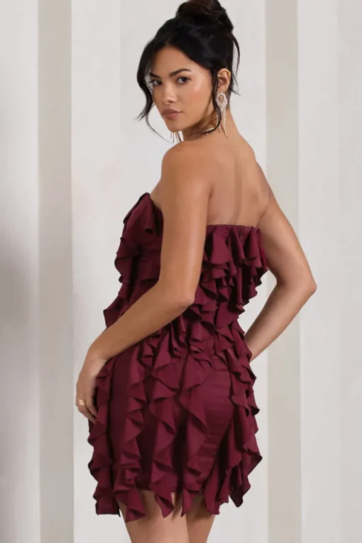 It Girl | Plum Bandeau Bodycon Mini Dress With Ruffles