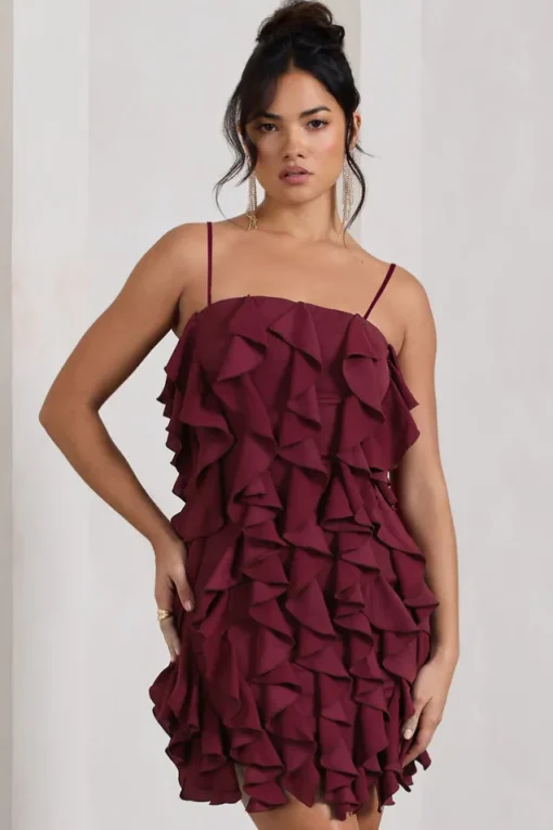 It Girl | Plum Bandeau Bodycon Mini Dress With Ruffles