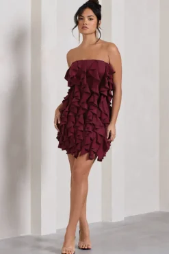 It Girl | Plum Bandeau Bodycon Mini Dress With Ruffles