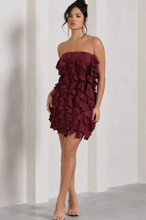 It Girl | Plum Bandeau Bodycon Mini Dress With Ruffles