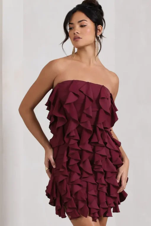 It Girl | Plum Bandeau Bodycon Mini Dress With Ruffles