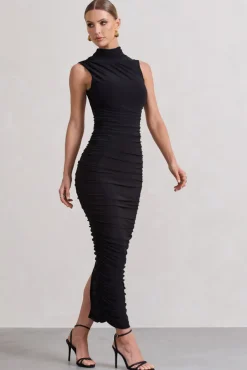 Jaded | Black Bodycon Ruched High-Neck Open-Back Maxi Dress