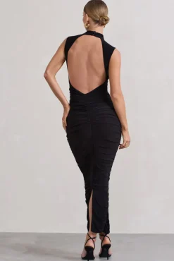 Jaded | Black Bodycon Ruched High-Neck Open-Back Maxi Dress