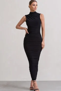 Jaded | Black Bodycon Ruched High-Neck Open-Back Maxi Dress