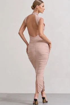 Jaded | Champagne Bodycon Ruched High-Neck Open-Back Maxi Dress