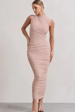 Jaded | Champagne Bodycon Ruched High-Neck Open-Back Maxi Dress