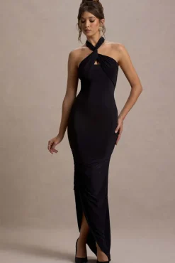 Jaiya | Black Ruched Halter-Neck Asymmetric Maxi