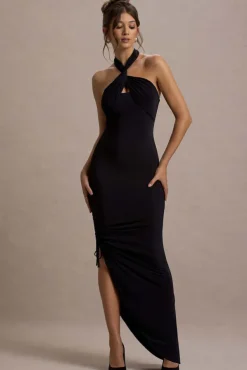 Jaiya | Black Ruched Halter-Neck Asymmetric Maxi