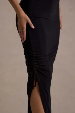 Jaiya | Black Ruched Halter-Neck Asymmetric Maxi