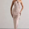 Jaiya | Champagne Ruched Halter-Neck Asymmetric Maxi