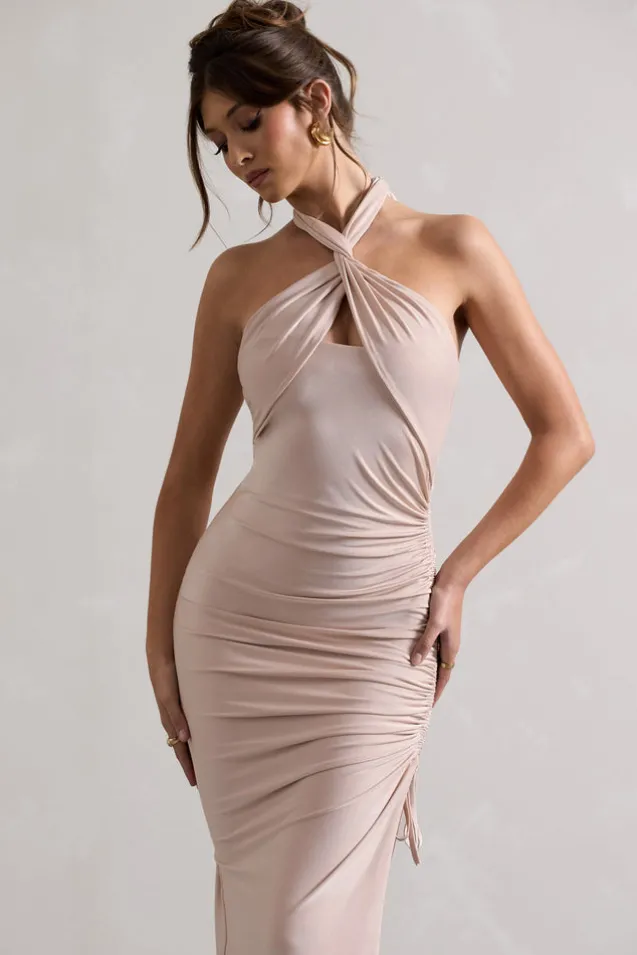 Jaiya | Champagne Ruched Halter-Neck Asymmetric Maxi