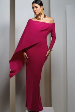 Jana | Dark Pink Bardot Cape Maxi Dress