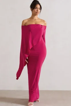 Jana | Dark Pink Bardot Cape Maxi Dress