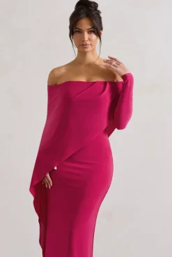 Jana | Dark Pink Bardot Cape Maxi Dress
