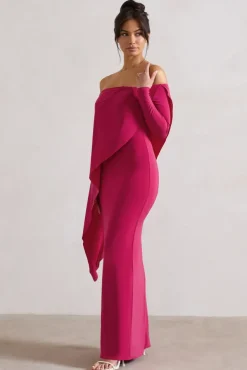 Jana | Dark Pink Bardot Cape Maxi Dress
