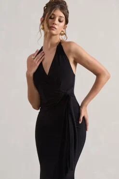 Janelle | Black Halter-Neck Gathered Drape Maxi Dress