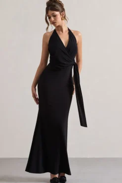 Janelle | Black Halter-Neck Gathered Drape Maxi Dress