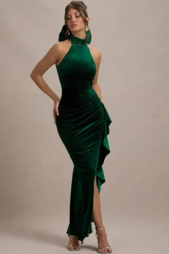 Janiya | Green Velvet High-Neck Ruffled Split Maxi Dress