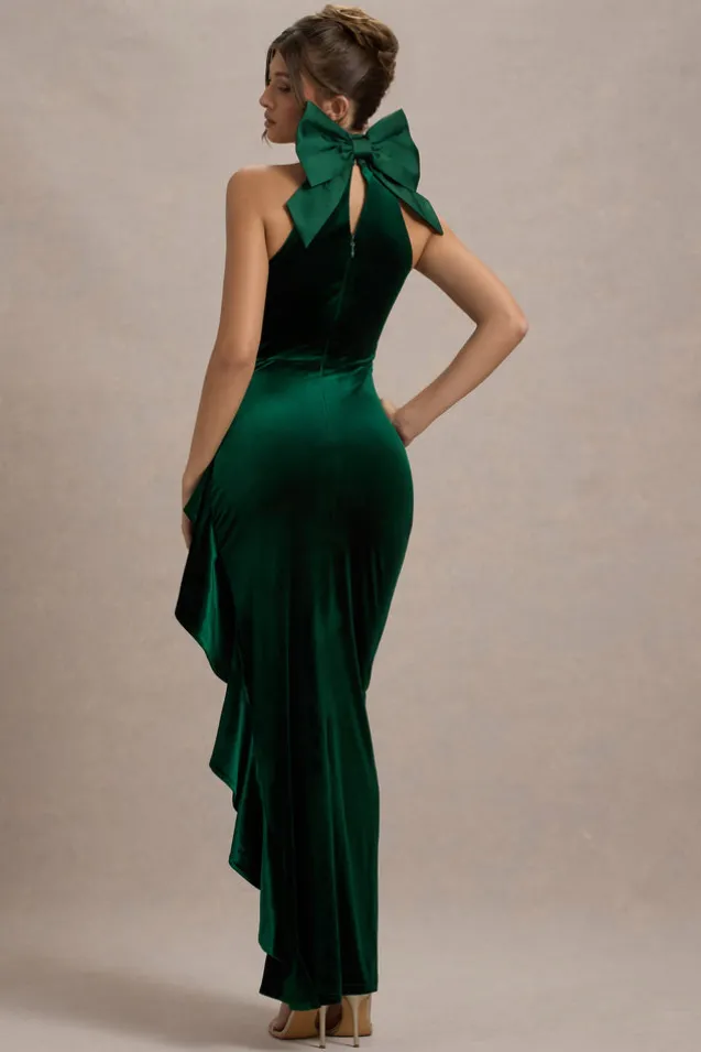Janiya | Green Velvet High-Neck Ruffled Split Maxi Dress