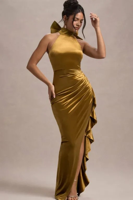 Janiya | Mustard Velvet High-Neck Ruffled Split Maxi Dress