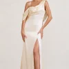 Jayne | Cream Satin Asymmetric Draped Split Maxi Dress