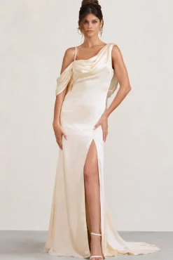 Jayne | Cream Satin Asymmetric Draped Split Maxi Dress