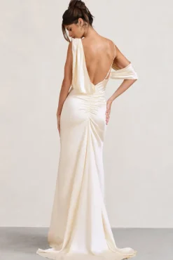 Jayne | Cream Satin Asymmetric Draped Split Maxi Dress
