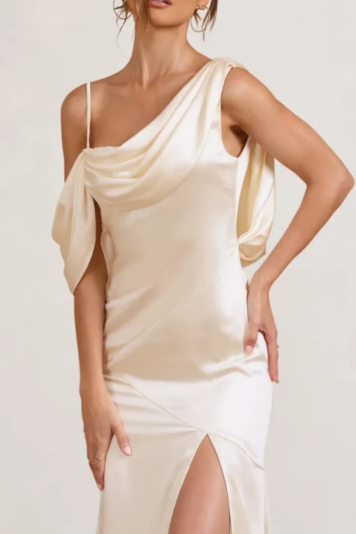 Jayne | Cream Satin Asymmetric Draped Split Maxi Dress