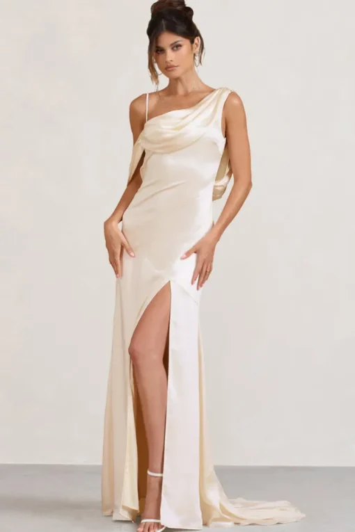 Jayne | Cream Satin Asymmetric Draped Split Maxi Dress
