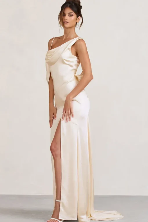 Jayne | Cream Satin Asymmetric Draped Split Maxi Dress