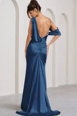 Jayne | Navy Satin Asymmetric Draped Split Maxi Dress