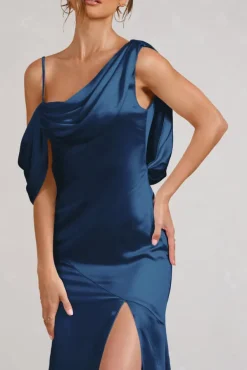 Jayne | Navy Satin Asymmetric Draped Split Maxi Dress