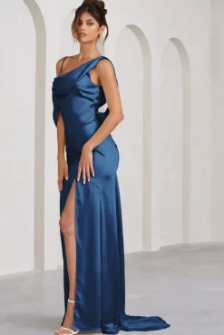 Jayne | Navy Satin Asymmetric Draped Split Maxi Dress