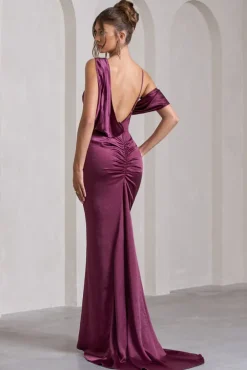 Jayne | Plum Satin Asymmetric Draped Split Maxi Dress