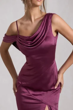 Jayne | Plum Satin Asymmetric Draped Split Maxi Dress