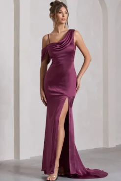 Jayne | Plum Satin Asymmetric Draped Split Maxi Dress