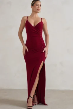 Jeanne | Berry Red Plunge Ruched Cami Maxi Dress With Split