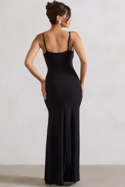Jeanne | Black Plunge Ruched Cami Maxi Dress With Split