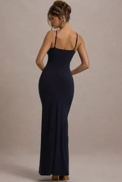 Jeanne | Navy Plunge Ruched Cami Maxi Dress With Split