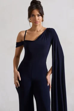 Jelena | Navy Asymmetric Draped Straight-Leg Jumpsuit With Cape Sleeve