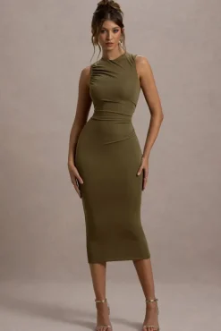 Jemma | Khaki Bodycon Ruched Midi Dress