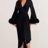 Jenna | Black Plunge Midi Dress with Feather Trim Wide Sleeves and Front Tie Drape