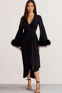 Jenna | Black Plunge Midi Dress with Feather Trim Wide Sleeves and Front Tie Drape