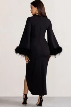 Jenna | Black Plunge Midi Dress with Feather Trim Wide Sleeves and Front Tie Drape