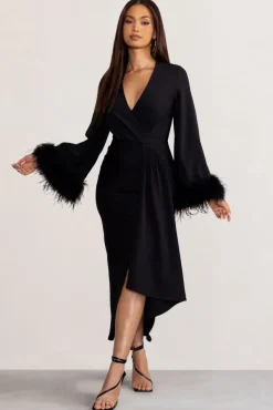 Jenna | Black Plunge Midi Dress with Feather Trim Wide Sleeves and Front Tie Drape