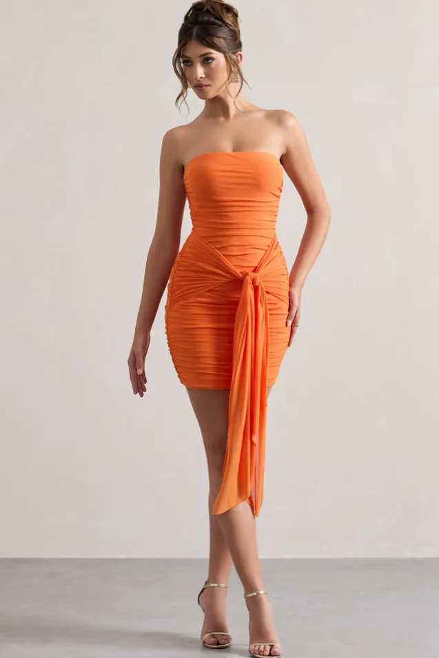 Jesse | Orange Ruched Mini Dress With Knot Detail