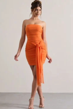 Jesse | Orange Ruched Mini Dress With Knot Detail
