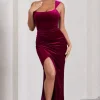 Jessica | Berry Velvet One Shoulder Corset Style Wrap Maxi Dress